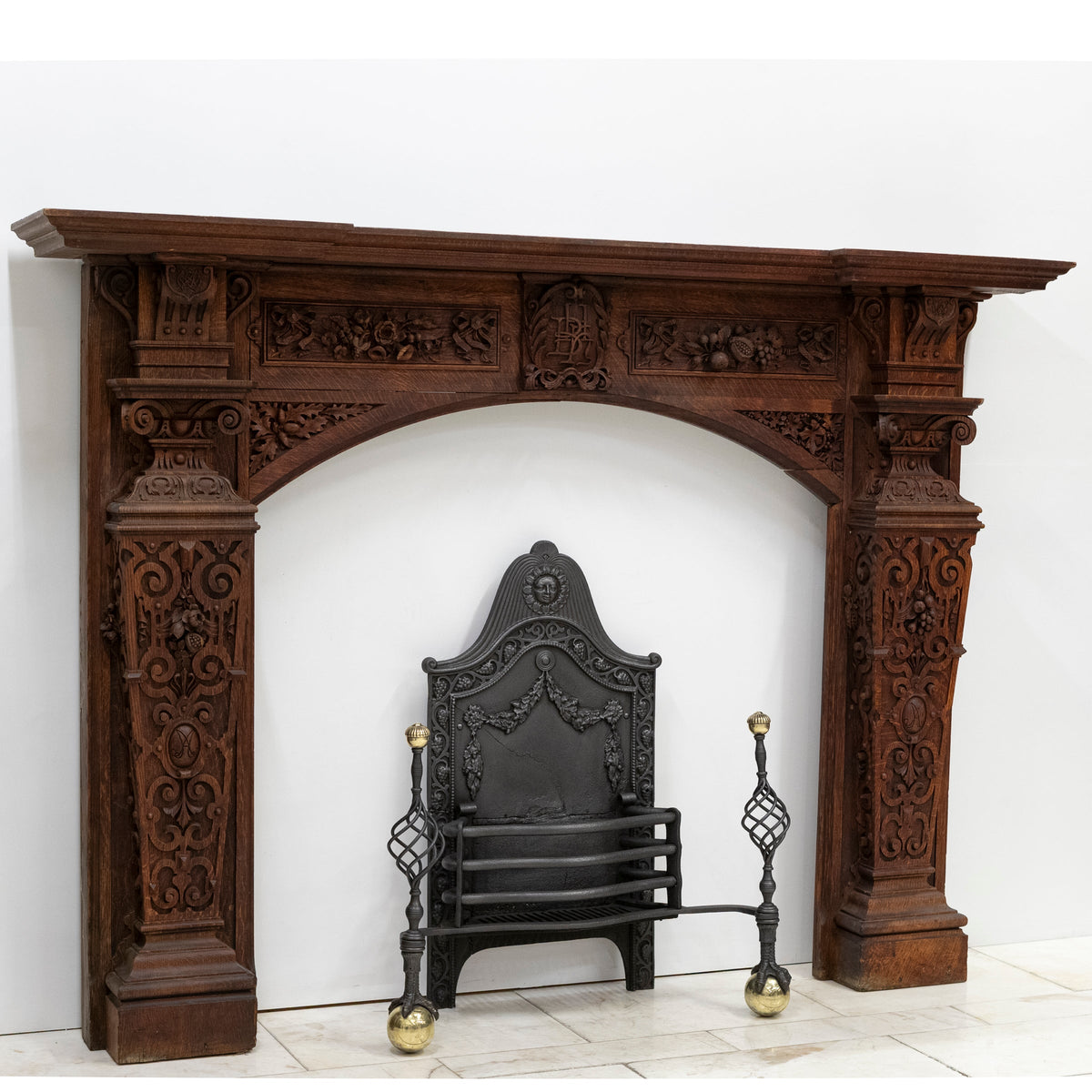 Monumental Antique Arts &amp; Crafts Carved Oak Fireplace Surround