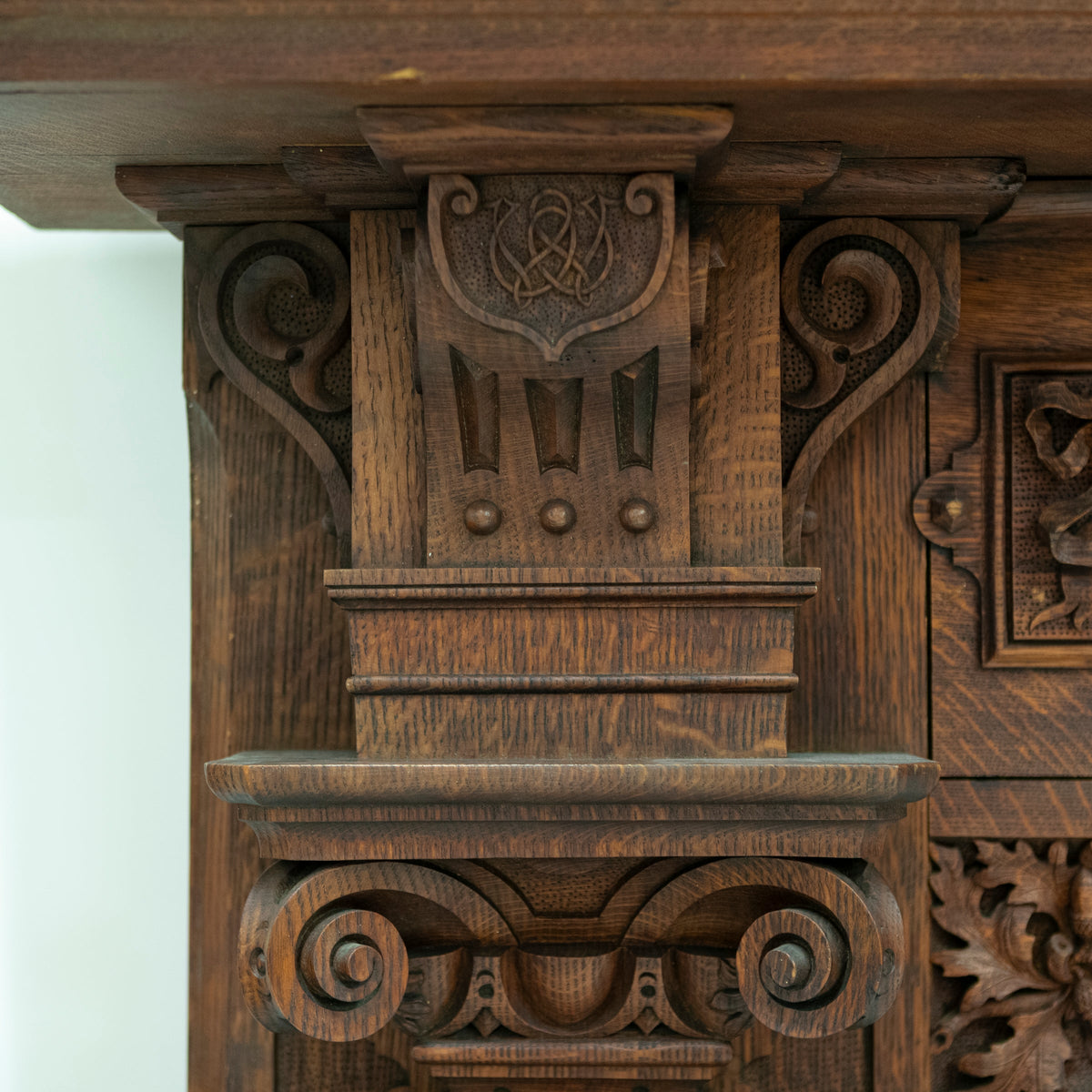 Monumental Antique Arts &amp; Crafts Carved Oak Fireplace Surround | The Architectural Forum