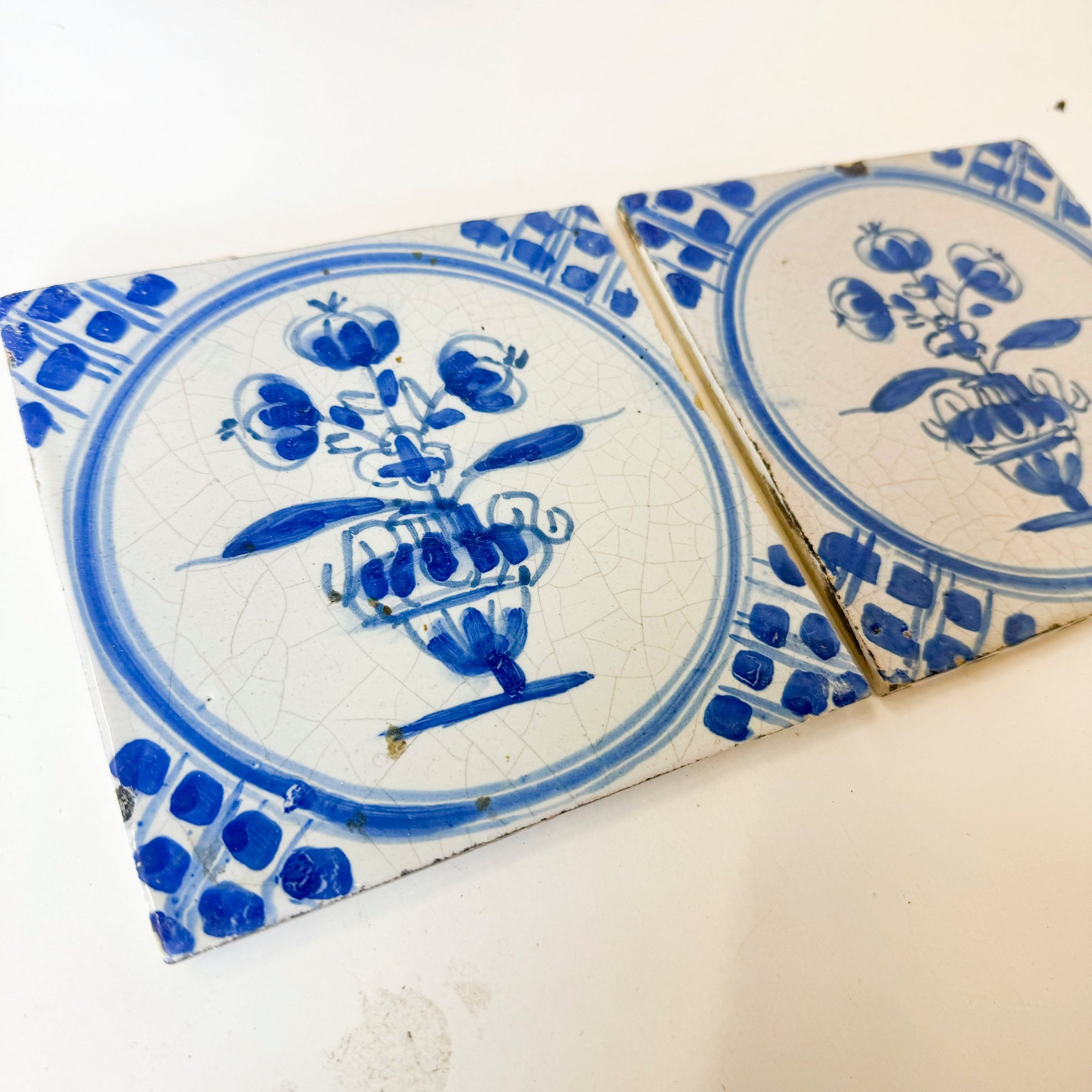 Set of 2 Antique 18th Century Dutch Delft Floral Tiles | The Architectural Forum