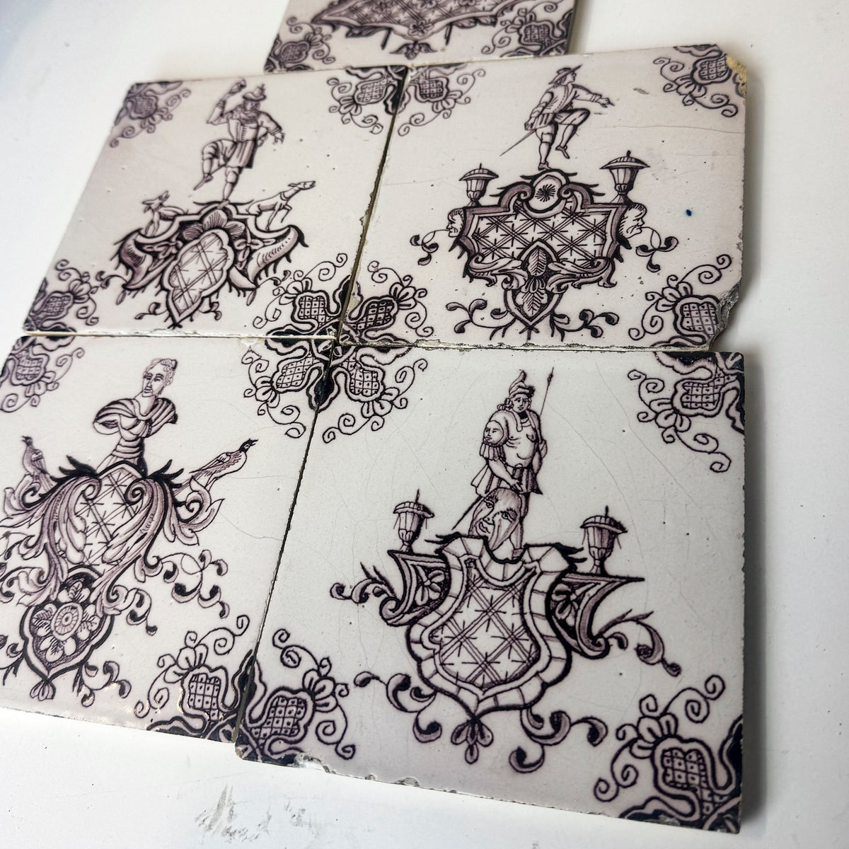 Set of 5 Antique Manganese Dutch Delft Tiles | The Architectural Forum