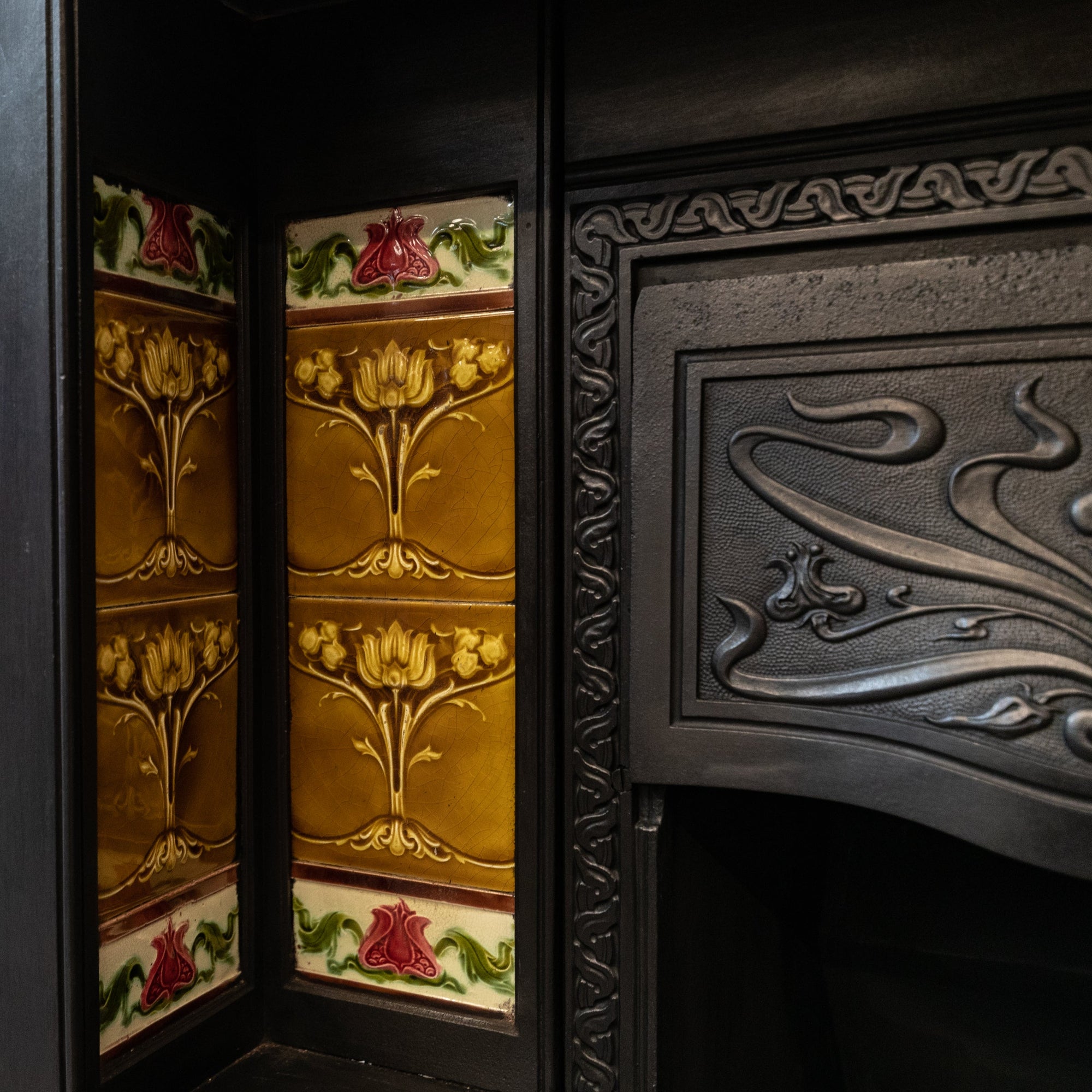 Large Antique Art Nouveau Cast Iron Tiled Fireplace Insert | The Architectural Forum